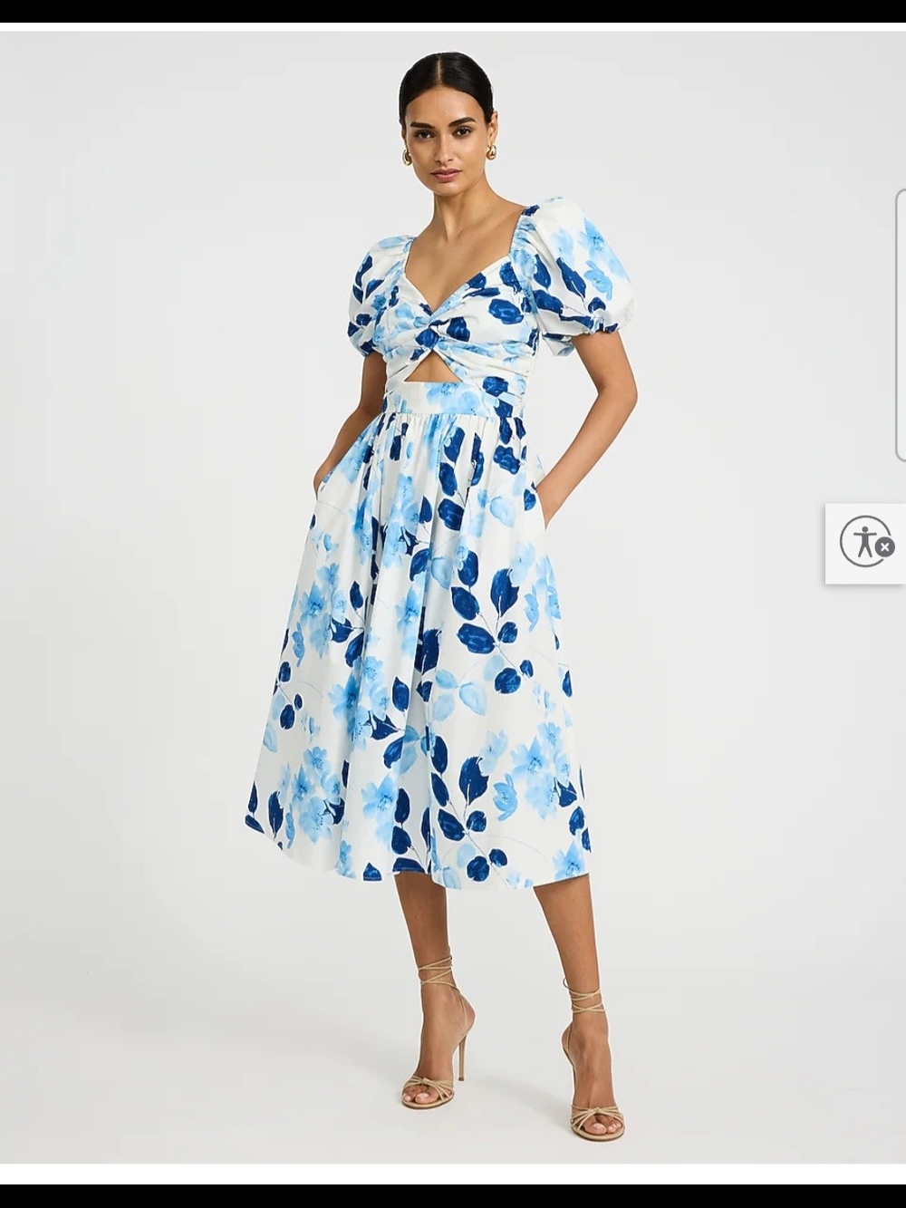 Express White and Blue Floral Cutout Midi Dress